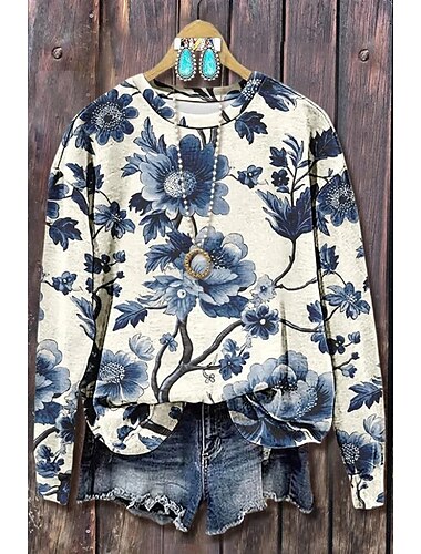  Damen Pullover Sweatshirt Blumen Grafik Warm Aktiv Vintage Langarm Rundhalsausschnitt Normale Oberteile Straße Alltagskleidung Lässig Druck Schwarz Rosa Blau Grün Frühling Herbst Winter