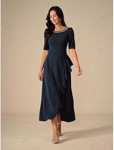  Damen Maxikleid Rüschenkleid Elegant Normale Passform Einfarbig Kurzarm Rundhalsausschnitt Marineblau Sommer Frühling Herbst
