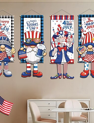  Decoración del 4 de julio Cartel patriótico colgado de puerta con cuerda Bandera americana para el Día de la Independencia Decoración de ventana de pared de porche de entrada del Día de Conmemoración