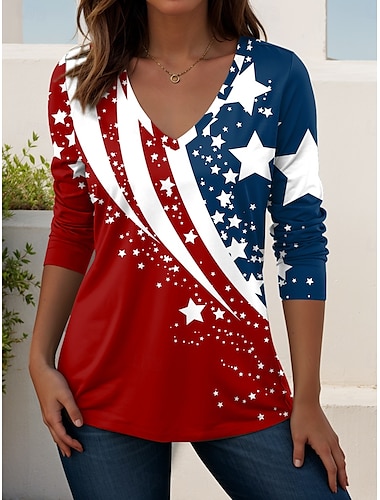  Día de la Independencia Camiseta Patriótica de Mujer del Cuatro de Julio Gráfica Bandera Nacional Geométrica Elegante Vintage Estilosa Mangas Largas Cuello Redondo Tops Regulares Impresión Diaria de