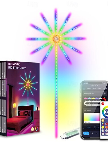  スマート花火LEDライトUSB電源の部屋の装飾、打ち上げバースト効果のある寝室用の色が変わる花火LEDライト、RGB LEDストリップライトリモートアプリコントロール
