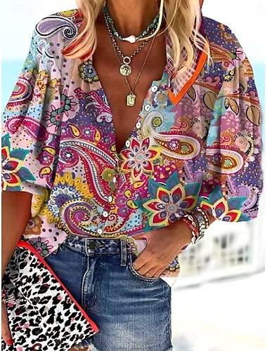  Damen Sommeroberteile Blumen Grafik Bohemien Vintage Täglich Dreiviertelarm V Ausschnitt Normale Oberteile Täglich Ferien Strandbekleidung Druck Hellgrün Rosa Rosa Sommer Frühling Herbst