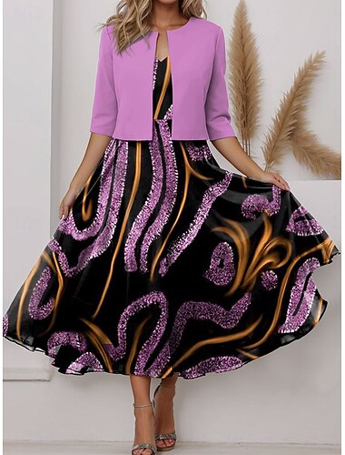  Femmes Robe Ensemble Robe trapèze Robe d'été Fête Robes semi-formelles Graphique Rayure Imprimé Robe Midi Demi Manches Col en V robe demoiselle d honneur Quotidien Rose Claire Violet Orange Ét