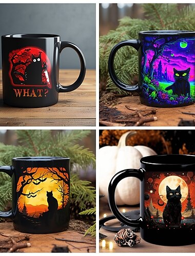  ハロウィンギフトマグ、黒猫セラミックコーヒーマグ330ml/12オンス、猫好きのためのかわいいハロウィンカップ、女性、友人、ホリデーギフトのための不気味な猫をテーマにしたマグ