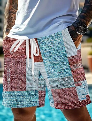  Herren Geometrisch Farbblock Patchwork Waffel-Shorts Sweat-Shorts Freizeitshorts Mittlere Taille Modisch lässig Urlaub Joggen Trainieren Elastischer Kordelzug in der Taille Shorts mit Taschen Designer