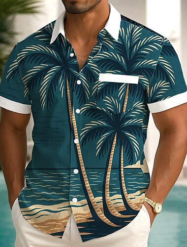  Herren Kokospalme Tropische Pflanzen Sommer Hawaiihemd Knopfhemd Alohahemd Kurzarm Hawaiianisch Ferien Strandbekleidung Sommer Frühling Umlegekragen 3D-Druck Hemden mit Kragen Eine Tasche vorne Blau