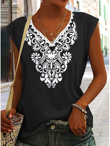  Damen Camisole-Tanktop Blumen Grafik Paisley-Muster Vintage Täglich Stilvoll Ärmellos V Ausschnitt Normale Oberteile Täglich Ausgehen Strandbekleidung Druck Schwarz und Weiß Schwarz Blau Sommer