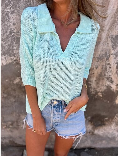  Damen Bluse Einfarbig Stilvoll Lässig Dreiviertelarm V Ausschnitt Normale Oberteile Täglich Lochmuster Schwarz Marineblau Blau Grün Aprikose Sommer Frühling