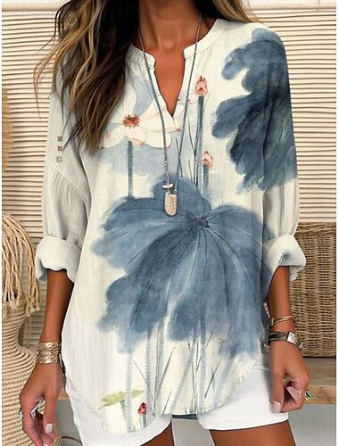  Damen Hemd Blumen Stilvoll Modern Langarm V Ausschnitt Normale Oberteile Täglich Ferien Knöpfe Druck Blau Sommer