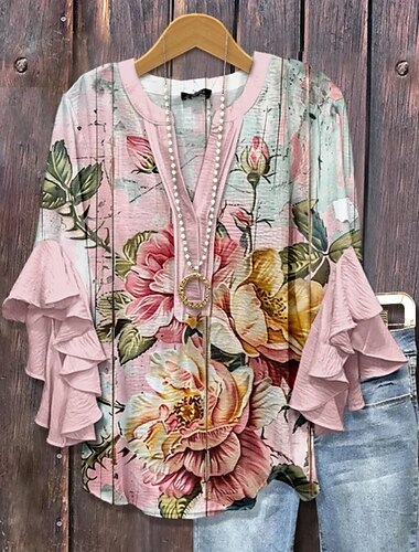  Damen Bluse Blumen Grafik Elegant Bohemien Ethnisch Dreiviertelarm V Ausschnitt Normale Oberteile Täglich Ferien Urlaubskleidung Rüsche Druck Rosa Blau Grün Khaki Sommer Frühling Herbst
