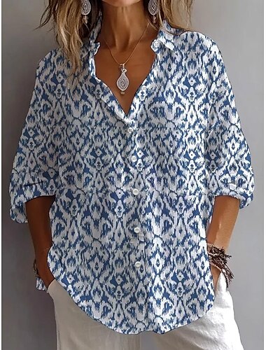  Damen Hemd Bluse Grafik Gestreift Vintage Täglich Stilvoll Langarm Hemdkragen Normale Oberteile Täglich Ferien Ausgehen Knöpfe Denim Blue Leicht Blau Sommer Frühling