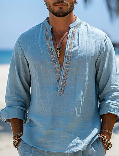  Homme T-shirt Chemise à Manches Longues manche longue Col en V Été Printemps Patchwork Bohème Bohème ancien Occasionnel Ethnique et Religieux Vacances Rue Décontracté Quotidien Bleu T-shirt haut de