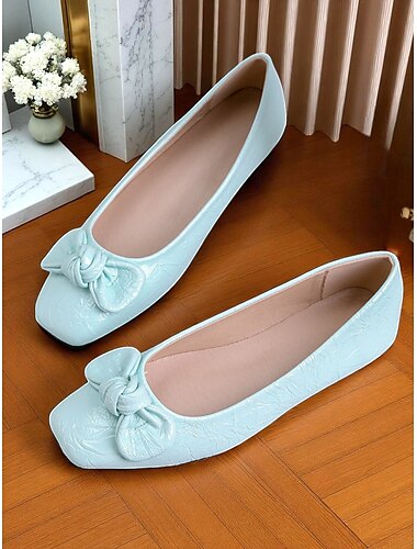  Beige Ballerinas aus Lackleder im 50er-Jahre-Stil für Damen – Vintage-Schlupfschuhe mit quadratischer Zehenpartie und Schleife für den Alltag, das Büro und Retro-Kostüme