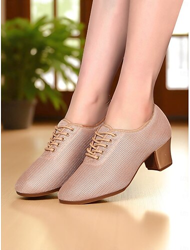  Damen-Tanzschuhe aus Mesh mit Schnürung und niedrigem Absatz, atmungsaktives, professionelles Übungsschuhwerk für Latein- und Walzer-Auftritte