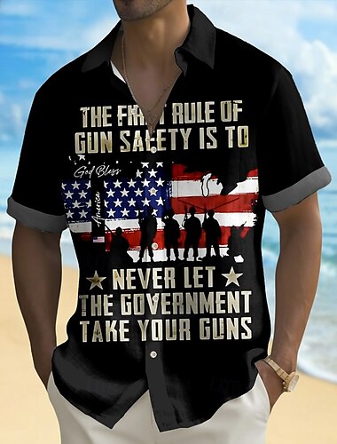  Tag der Unabhängigkeit Herren US Flagge Veteranen Patriotisch Hemd Sommerhemd Knopfhemd Kurzarm Modisch lässig Ferien Sommer Frühling Umlegekragen 3D-Druck Hemden mit Kragen Eine Tasche vorne Schwarz