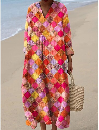  Dames Halflange jurk Zonnejurk A lijn jurk Vakantie Casual Strandstijl Uitgaan Grafisch Geometrisch Lange mouw V-hals Geel Rood blauw Zomer Lente