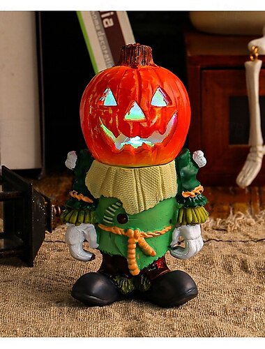 Halloween LED-lys gresskarridder harpiksfigur, glødende gresskarhode spøkelsesborddekorasjon, skummel hagedekor