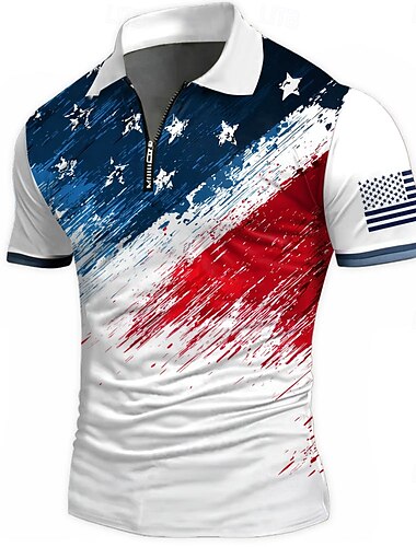  Amerikanischer Unabhängigkeitstag Herren Amerikanische US-Flagge Poloshirts mit Reißverschluss Kurzarm Polo-Shirts Hemden mit Kragen Lässig Athleisure Alltagskleidung 3D-Druck Sommer Weiß Blau