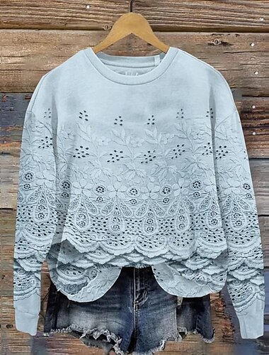 Damen Pullover Sweatshirt Blumen Lässig Langarm Rundhalsausschnitt Normale Oberteile Heim Straße Alltagskleidung Druck Rosa Beige Leicht Blau Sommer Frühling Herbst Winter