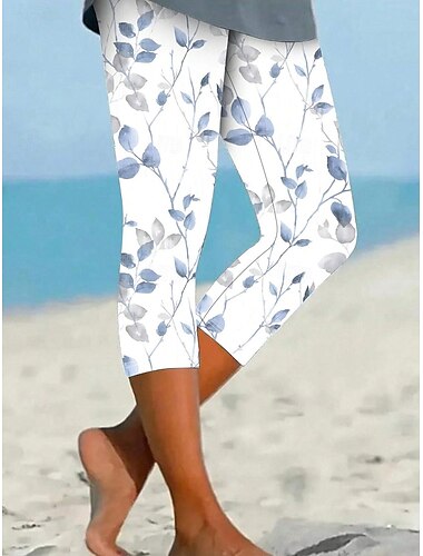  Damen Leggings Urlaub Vintage Basic Wadenlang Hohe Taille Grafik Blatt Atmungsaktiv Schnelltrocknend Weich Dehnbar Lässig Täglich Ferien Rubinrot Gelb Rote Grün Sommer Frühling Schmale Passform