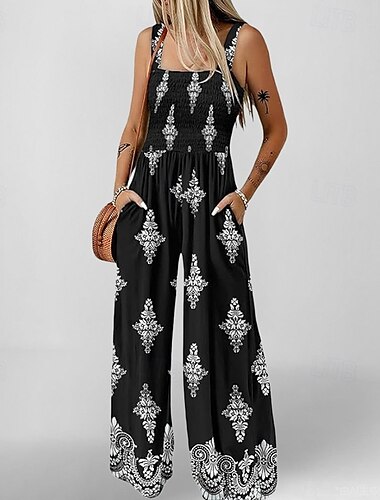  Dames Jumpsuit Actief Bloemig Mouwloos Breed Been koude schouder Vakantie Huis Ruim Passend Zwarte diamant blauw khaki Zomer