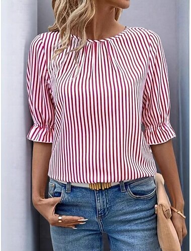  Damen Bluse Grafik Gestreift Elegant Vintage Stilvoll Halbarm Rundhalsausschnitt Normale Oberteile Täglich Ferien Schwarz Rote Blau Sommer Frühling