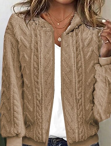  Damen Strickjacke Lässig Einfarbig Grobstrick Mit Kapuze Reißverschluss Gestrickt Langarm Normale Oberteile Stricken Outdoor Täglich Ferien Khaki Herbst Winter