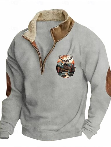 Herren Sweatshirt Viertelreißverschluss Sweatshirt Schwarz Marineblau Braun Grau Halber Reißverschluss Farbblock Rentier Halber Reißverschluss Druck Sport & Outdoor Täglich Ferien Polyester Vintage