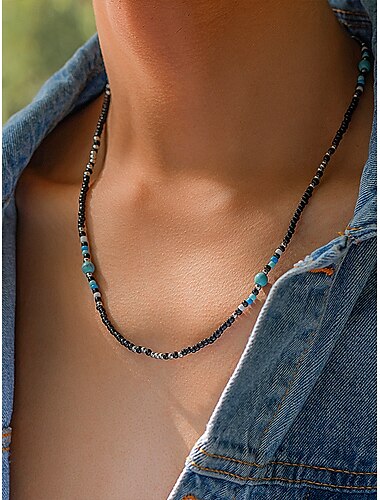  Schwarze und türkise Perlenkette für Herren – handgefertigter Schmuck im Boho-Surfer-Stil für Sommer-Strand-Outfits, Festivals und Freizeitkleidung