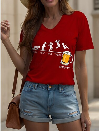  オクトーバーフェスト 女性用 Tシャツ グラフィック レタード ヴィンテージ スタイリッシュ クラシック 半袖 Ｖネック レギュラートップス 日常 プリント ブラック ホワイト イエロー ピンク ルビーレッド 夏 春