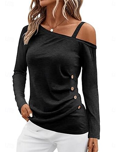 Damen Bluse Einfarbig Stilvoll Lässig Langarm Kalter Schulter-Ausschnitt Normale Oberteile Täglich Patchwork Schwarz Rosa Blau Grün Sommer Frühling