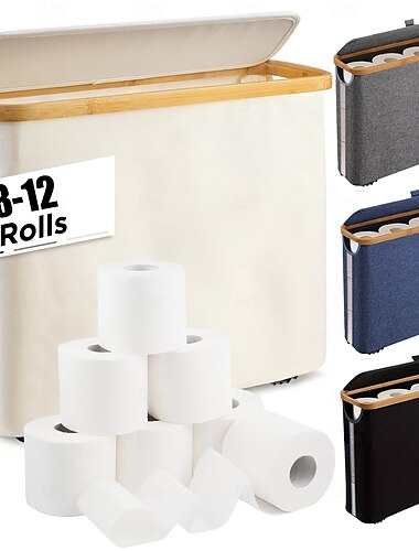  Panier de rangement pour papier toilette avec couvercle, support de rangement pour papier toilette en bambou pour salle de bain, boîte de rangement pour papier toilette avec poignée, bac de rangement