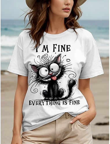  Γυναικεία Μπλουζάκι Γραφική Ζώο Γάτα Βίντατζ Στυλάτο Κλασσικό Κοντομάνικο Στρογγυλή Ψηλή Λαιμόκοψη Στρογγυλή Λαιμόκοψη Κανονικά μπλουζάκια Καθημερινά Σαββατοκύριακο Στάμπα