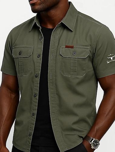  Herren Kuhmuster Arbeitshemd Westernhemd Cargohemd Kurzarm Lässig Taktisch Sport im Freien Ausgehen Sommer Frühling Umlegekragen Grafik Baumwollhemden mit Knopfleiste Armeegrün Khaki Beige