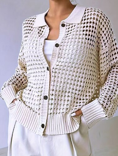  Damen Strickjacke Mode Einfarbig Gerippt Hemdkragen Ausgehöhlt Knöpfe Gestrickt Langarm Normale Oberteile Stricken Outdoor Täglich Ferien Weiß Herbst