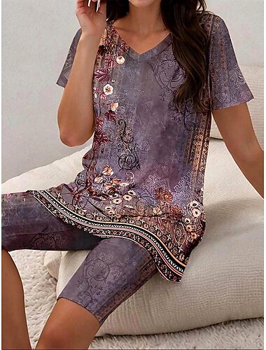  Damen Urlaub Vintage Mode T Shirt Shorts-Sets Kurzarm V Ausschnitt Blumen Grafik Druck Alltagstauglich Hellgrün Traube Dunkelmarine Sommer Normale Passform