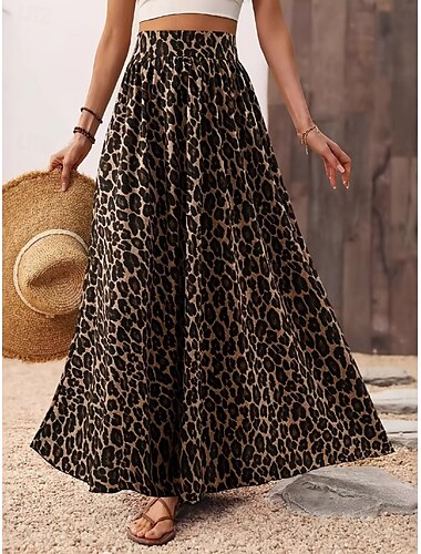  Mujer Falda Línea A Moda Casual Maxi Alta cintura Faldas Leopardo Estampado Microelástico Calle Diario Leopardo Verano Poliéster