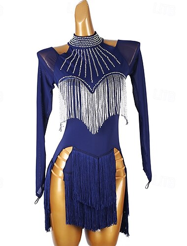  Lateinamerikanischer Tanz Kleid Quaste Spleißen Kristalle / Strasssteine Damen Leistung Training Langarm Chinlon Netzstoff Spandex