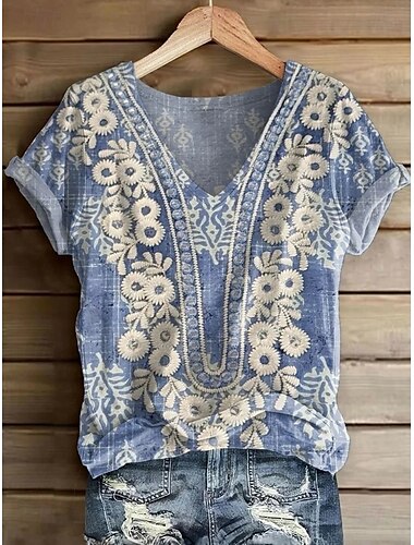  Per donna Maglietta Floreale Grafico Paisley Bohemien Vintage Elegante Manica Corta Scollo a V Top Regolari Quotidiano Uscire Weekend Stampato Blu Cachi Estate Primavera