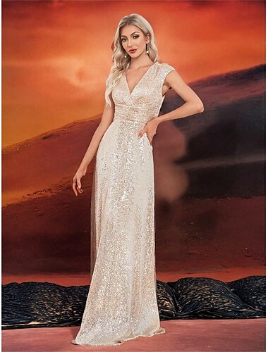  A-Linie Quinceanera-Kleider Elegant Kleid Formell Hochzeit Bodenlang Ärmellos V Ausschnitt Polyester mit Paillette 2025