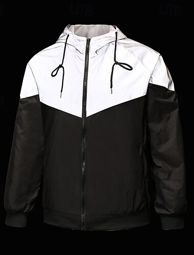  Men's Reflective Jacket Sports & Outdoor Sport Reflective Windbreaker Pocket Hooded Spring &  Fall All Seasons Solid Color Active Fashion Hoodie Regular Black Jacket