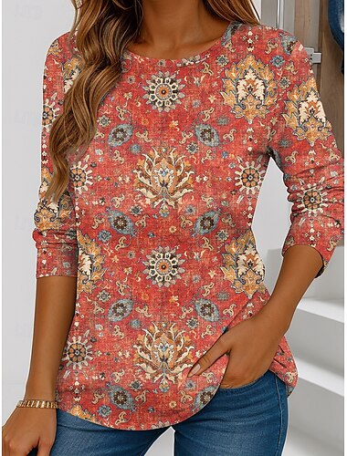  Damen T Shirt Grafik Geometrie Stilvoll Lässig Langarm Rundhalsausschnitt Normale Oberteile Täglich Wochenende Druck Gelb Blau Fuchsie Orange Sommer