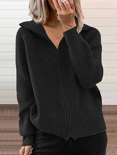  Damen Strickjacke Mode Einfarbig Gerippt Hemdkragen Reißverschluss Gestrickt Langarm Normale Oberteile Stricken Outdoor Täglich Ferien Schwarz Grün Herbst