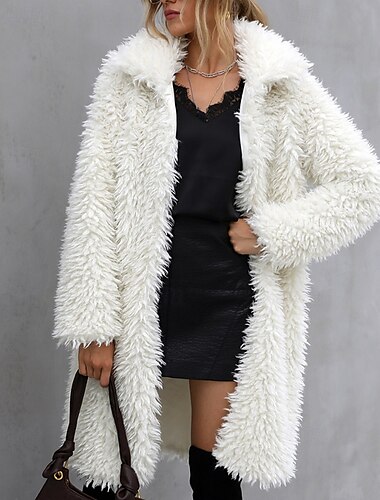  Damen Mantel Warm Bequem Pelzkragen Mode Einfach Urlaub Ferien Ausgehen Offene Vorderseite Lang Umlegekragen Normale Passform Langarm Oberbekleidung Weiß Herbst Winter