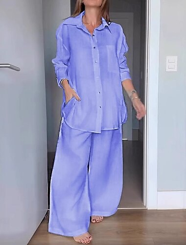  Damen Mode Streetwear Täglich Hosen-Sets Langarm Hemdkragen Einfach Urlaub Lässig Täglich Schwarz Weiß Gelb Sommer Lässiger Schnitt