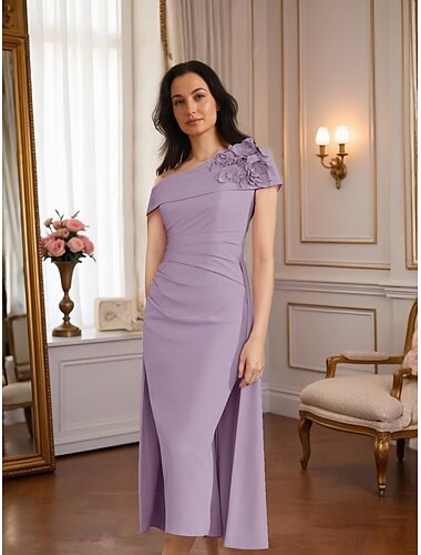  Sheath  Column Kleid Brautmutterkleid Formal Elegant Vintage Ein-Schulter Tee-Länge Stretch-Stoff Kurzarm mit gerafften Applikationen Blumen Derby Kleid Renntag Kleid 2025