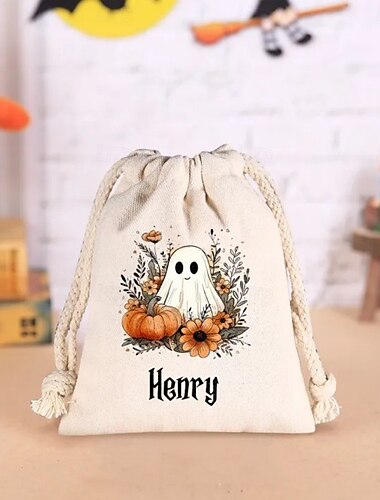  Pungă personalizată cu nume pentru dulciuri de Halloween pentru copii, coșuleț personalizat cu bomboane pentru dulciuri, sac de cadouri din pânză în stil pădure desenat manual, pungă drăguță pentru