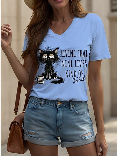  女性用 Tシャツ グラフィック 動物 猫 ヴィンテージ スタイリッシュ クラシック 半袖 Ｖネック レギュラートップス 日常 プリント ブラック ホワイト ピンク ルビーレッド ブルー 夏 春