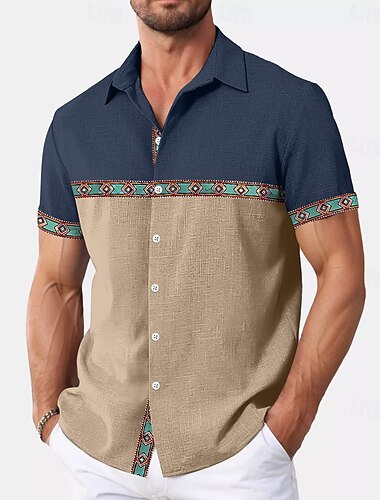  Herren Hemd Leinenhemd Sommerhemd Strandbekleidung Einfach Urlaub Lässig Marineblau Braun Khaki Armeegrün Kurzarm Revers Sommer Frühling & Sommer Bekleidung Farbblock