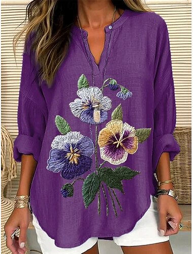  Mujer Blusa Ombre Floral Graphic Elegante Diario Casual Manga Larga Escote en Pico Cuello con muescas. Tops regulares Diario Festivos Estampado Blanco Púrpula Claro Morado Fucsia Violeta Verano